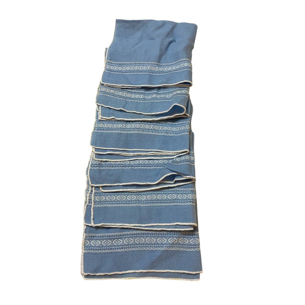 Set of 6 Cloth Dinner Napkins Blue Cream Woven Geometric Border 16 In
